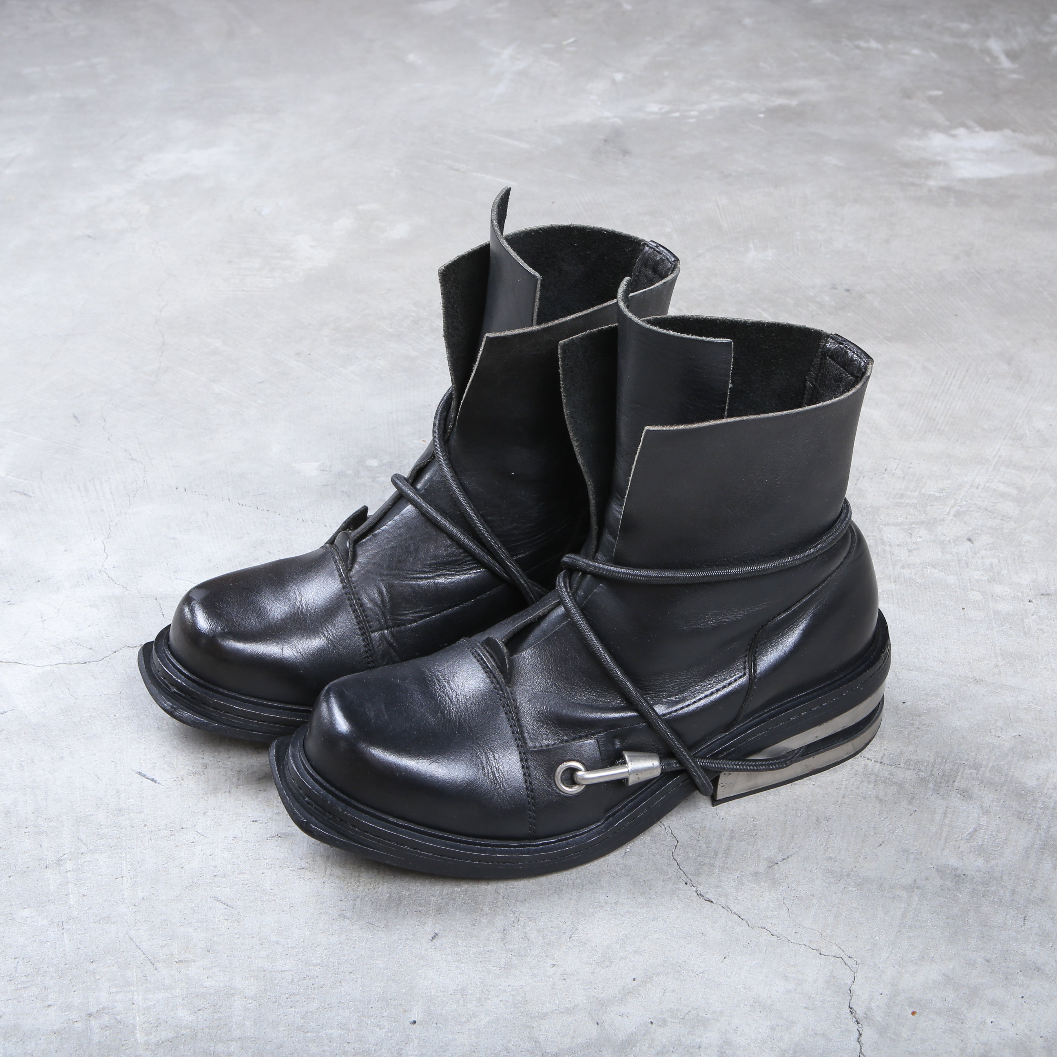 Dirk Bikkembergs Black Bungee Boots 1996 Steel Cut Heel Size 43 akaibu