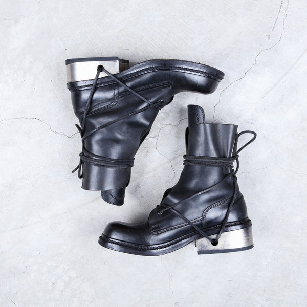 Dirk Bikkembergs Black Metal Lace Through Heel Leather Boots